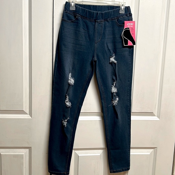 JVINI Denim - JVINI Blue Denim Mid Rise Stretch Ponte Distressed Crop Jeans Size M NWT